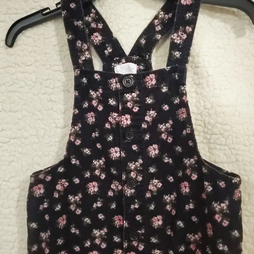 The Children's Place Girls Corduroy Jumper Dress Sz 10 Black Pink Floral Overall